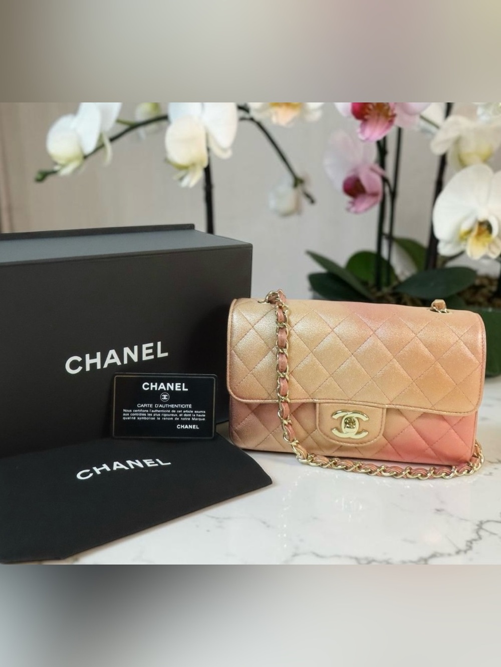 ✨🛍️ Chanel Metallic Pink Ombré Lambskin Quilted Classic Mini Flap Bag